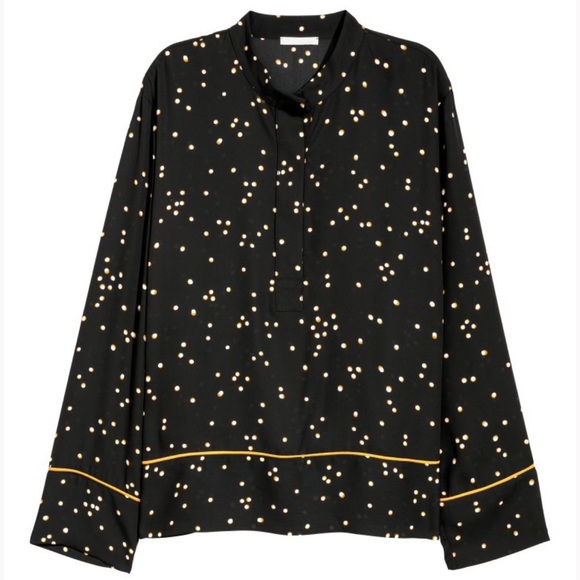 H&M size 2 black semi sheer Straight-cut blouse with a printed pattern. - Picture 1 of 9